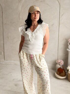 Women’s White Eyelet Ruffle Top – Rib Knit Summer Top